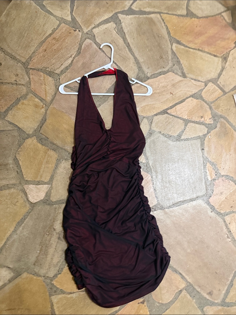SHEIN Burgundy Ruched Halter Bodycon Dress
